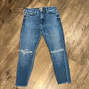 MOTHER Blue Distressed Ankle Crop Jeans
